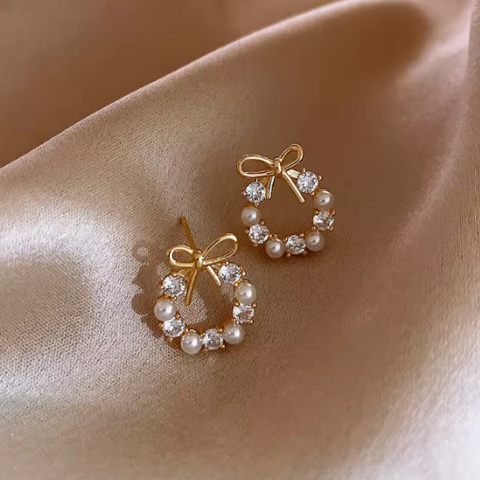 Pearl Bow Halo Stud Earrings for Women