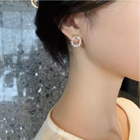Pearl Bow Halo Stud Earrings for Women
