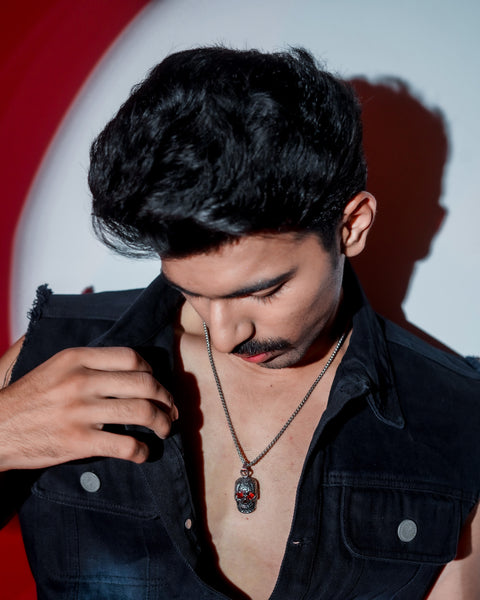Men’s Gothic Skull Pendant Necklace | Red Crystal Skull Chain for Men