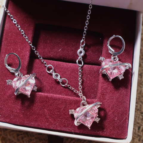 Eternal Orbit Heart Necklace Set – Pink Crystal Valentine Jewellery