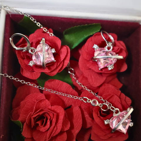 Eternal Orbit Heart Necklace Set – Pink Crystal Valentine Jewellery