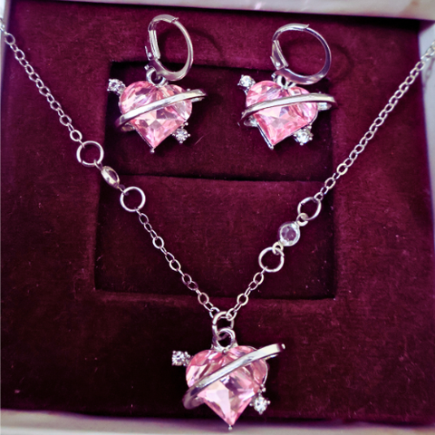 Eternal Orbit Heart Necklace Set – Pink Crystal Valentine Jewellery