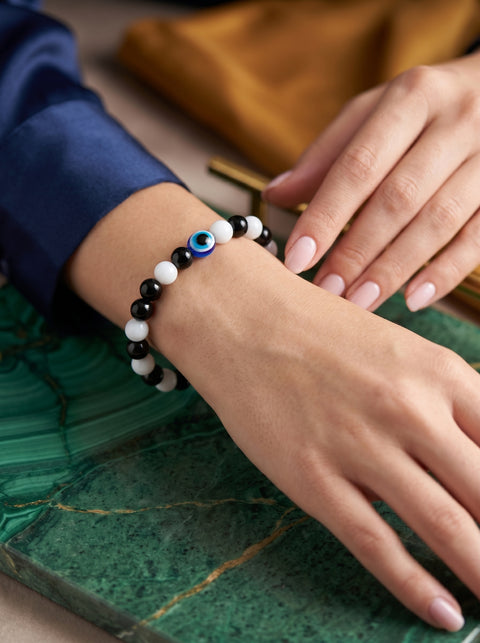 Men's Black & White Evil Eye Beaded Bracelet – Stretch Bead Bracelet for Men