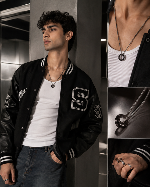 Men's Black Ring Pendant Necklace | Stainless Steel Chain