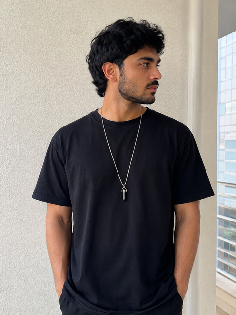 Black Crystal Pendant Necklace for Men | Stainless Steel Silver Chain | Minimalist Obsidian-Inspired Pendant