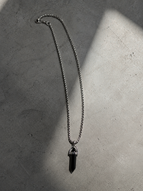 Black Crystal Pendant Necklace for Men | Stainless Steel Silver Chain | Minimalist Obsidian-Inspired Pendant