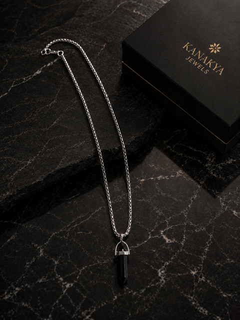 Black Crystal Pendant Necklace for Men | Stainless Steel Silver Chain | Minimalist Obsidian-Inspired Pendant