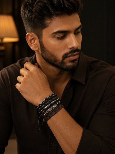 Men's Bohemian Leather & Beaded Bracelet Set – Layered Adjustable Wrap Bracelets