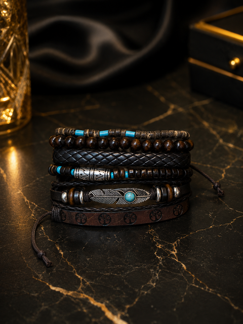 Men's Bohemian Leather & Beaded Bracelet Set – Layered Adjustable Wrap Bracelets