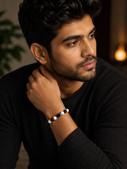Men's Black & White Evil Eye Beaded Bracelet – Stretch Bead Bracelet for Men