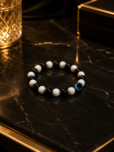 Men's Black & White Evil Eye Beaded Bracelet – Stretch Bead Bracelet for Men