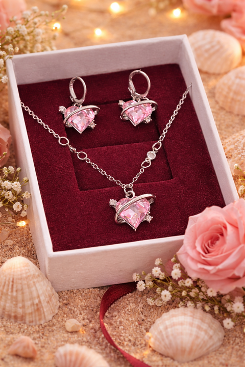 Eternal Orbit Heart Necklace Set – Pink Crystal Valentine Jewellery