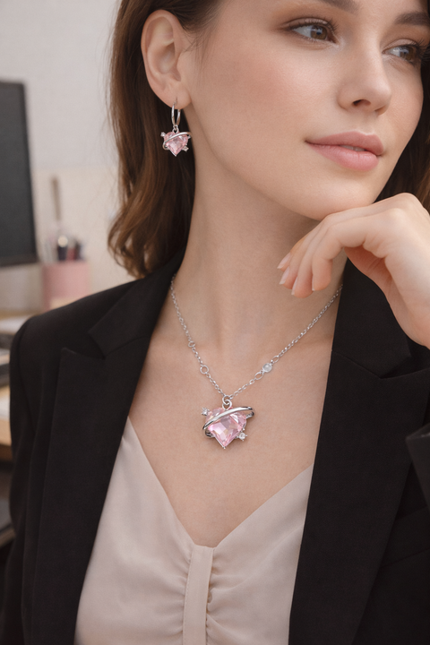 Eternal Orbit Heart Necklace Set – Pink Crystal Valentine Jewellery