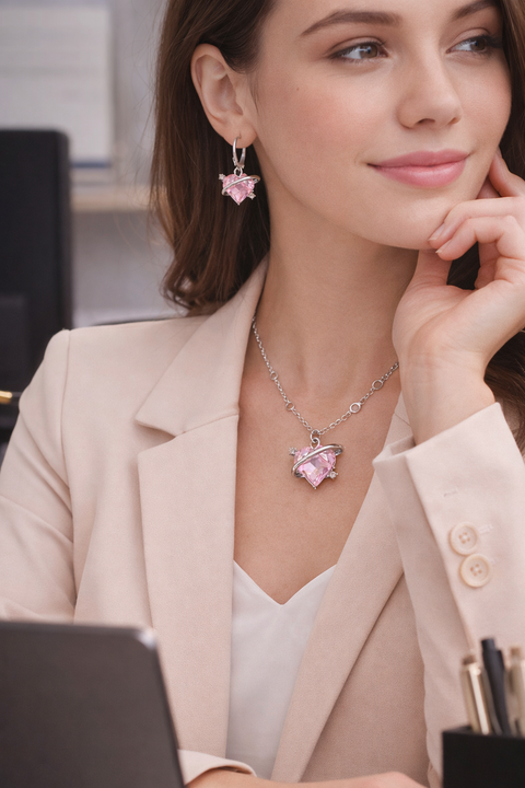 Eternal Orbit Heart Necklace Set – Pink Crystal Valentine Jewellery