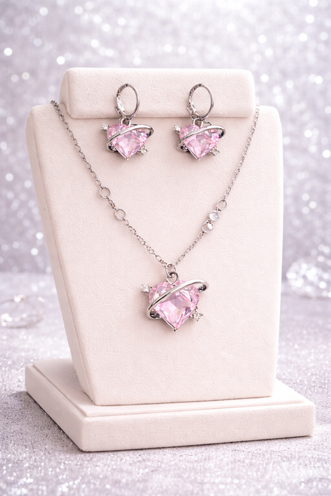 Eternal Orbit Heart Necklace Set – Pink Crystal Valentine Jewellery