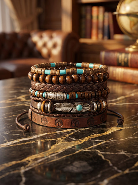Men's Bohemian Leather & Beaded Bracelet Set – Layered Adjustable Wrap Bracelets